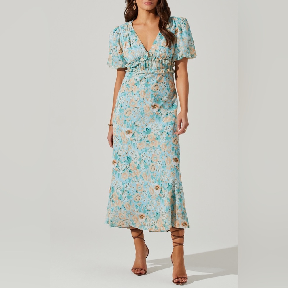 Astr Aqua Floral V-Neck Midi Dress